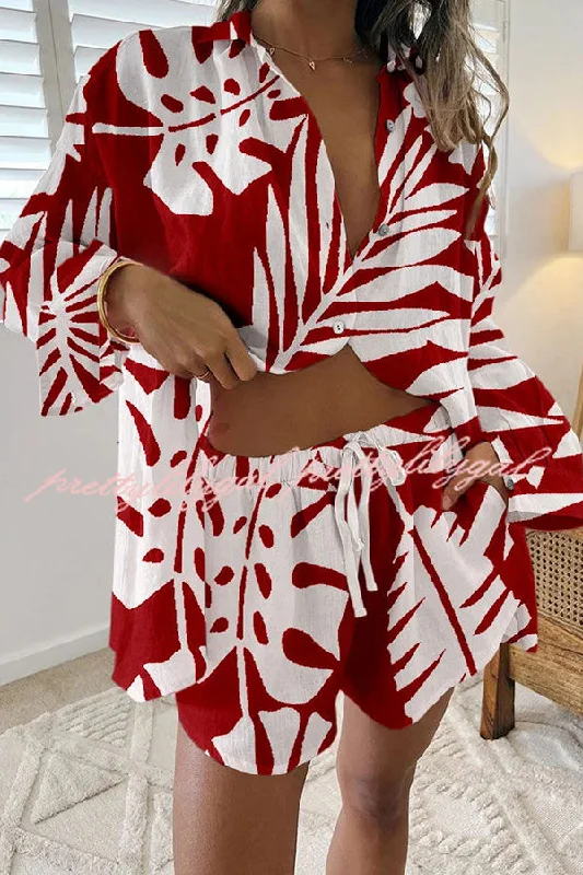 Exclusive Online Sale Contrast Leaf Print Pocket Button Lace Up Shorts Set