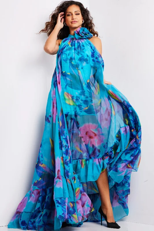 Casual Style for Busy Women Floral Print Halter A-line Gown by Jovani 38721