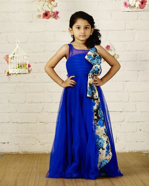 Enjoy Discount Pre-Order: Girls Flared Party Gown with Silk Bow-Blue