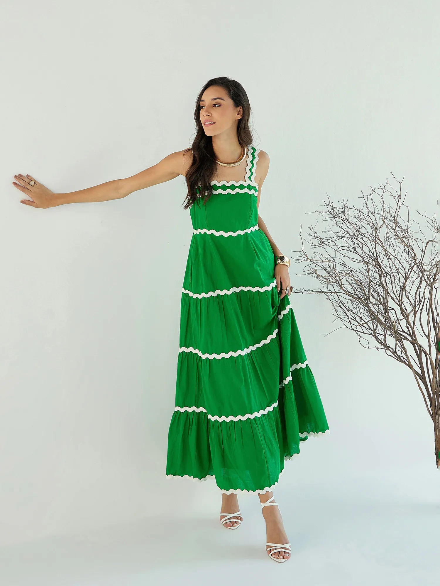 Women's Clothing Sale Women Green Ric Rac Lace Tiered Maxi Dress-SFDRSS12436