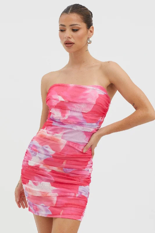 Women's Clothing Sale Online Logan Strapless Ruched Dress Floral Pink