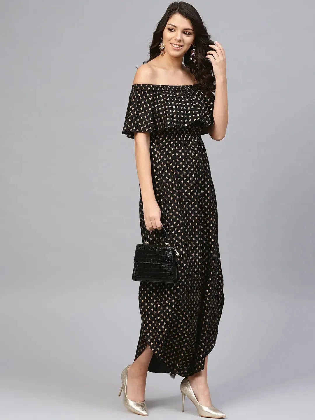 Flash Sale Online Off shoulder Flare yoke and U hem maxi dress in Black-TP0432RP10_S