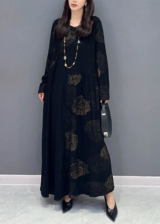 Earthy Tones Fine Black O Neck Floral Patchwork Cotton Long Dress Fall