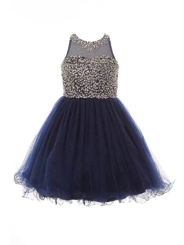Trendy Pulse Girls Navy Glitter Bead Wired Hem Overlaid Tulle Occasion Dress 8-16