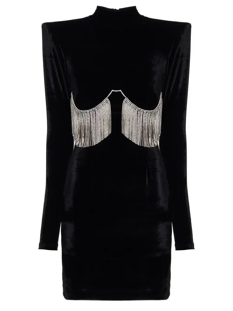 Evening Looks Black Velvet Crystal-Embellished Mini Dress