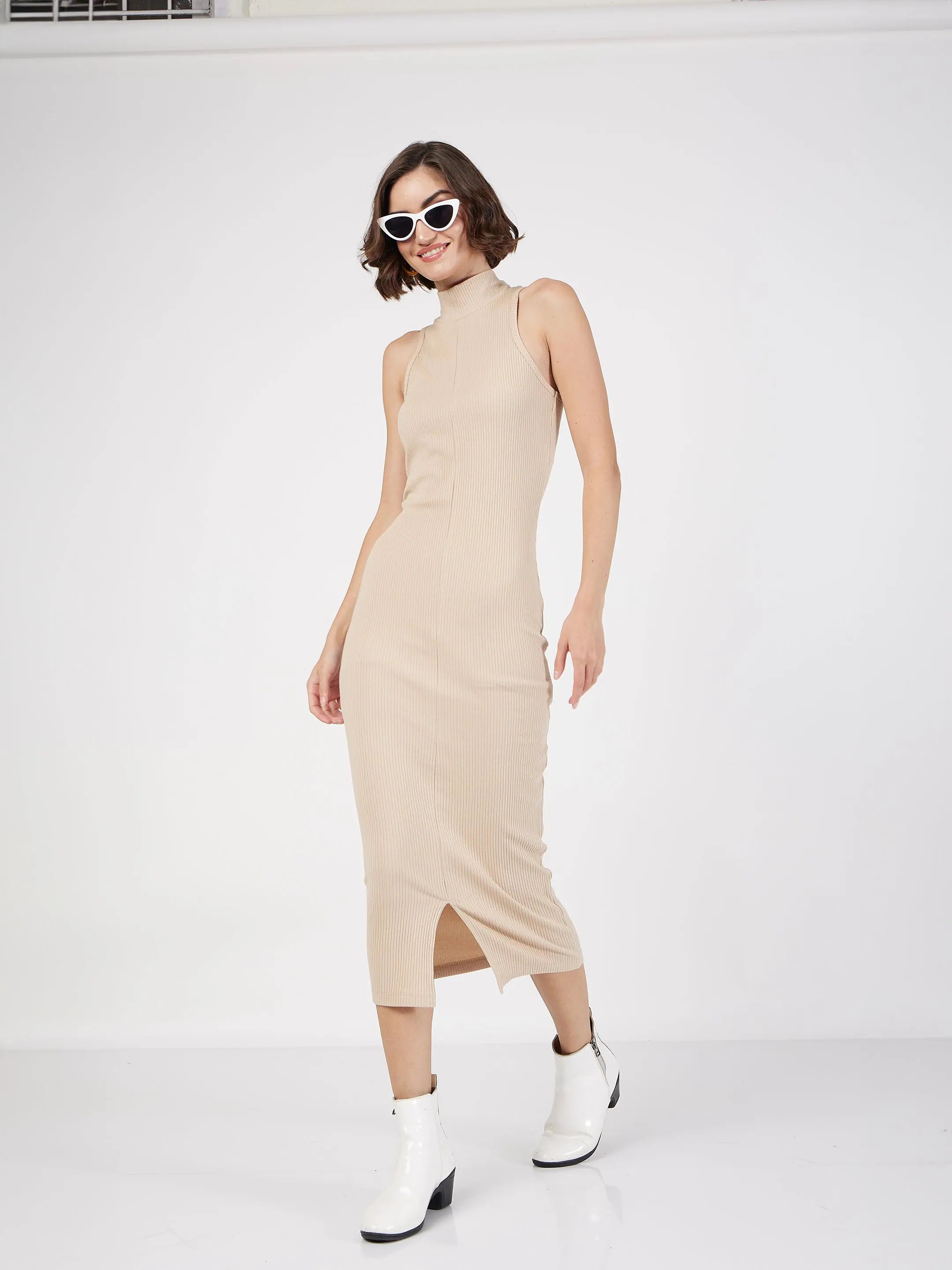 Premium Fashion Women Beige Rib Turtle Neck Sleeveless Midi Dress