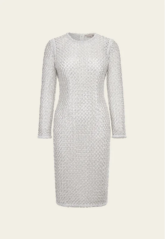 Minimalist Style Elegant Silver Lace Long-sleeved Midi Dress