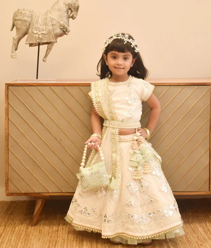 Chic Style, Always In Vogue Pre-Order - Off White Thread and Gota Embroidery Lehenga Choli with Green Fall for Girls Chic Style, Always In Vogue Pre-Order - Off White Thread and Gota Embroidery Lehenga Choli with Green Fall for Girls