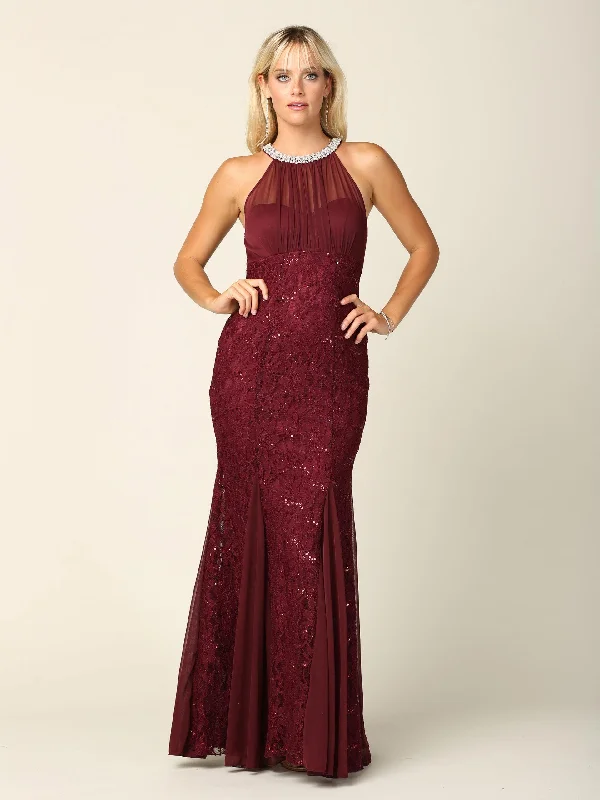 Classic Women’s Clothing Styles Long Fitted Formal Halter Lace Chiffon Dress