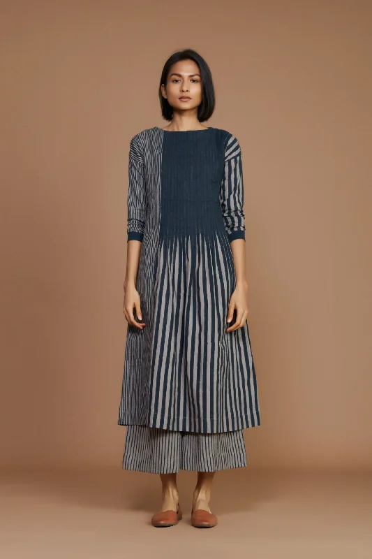 Women's Outerwear for All Weather Conditions Grey with Charcoal Striped Pleated Dress