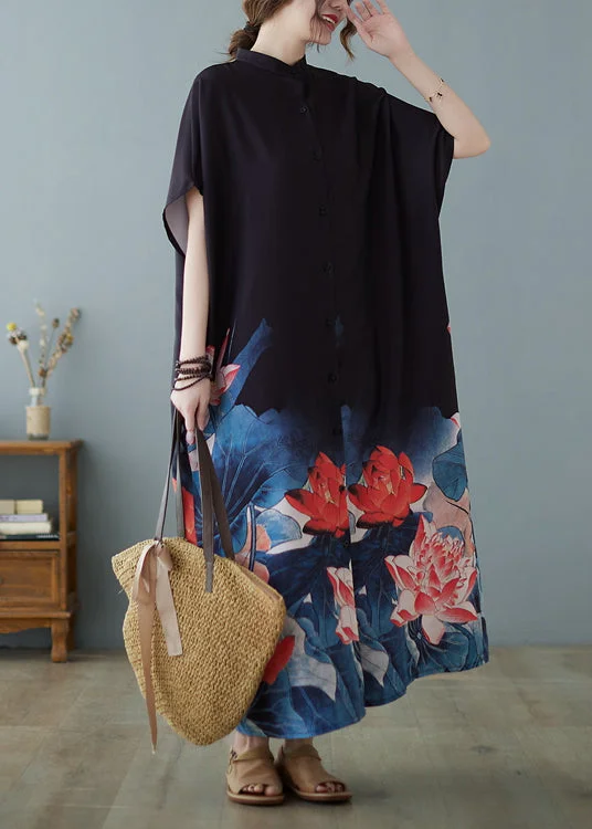 Sophisticated Women’s Fashion Bohemian Black Stand Collar Oversized Floral Print Chiffon Dress Summer Sophisticated Women’s Fashion Bohemian Black Stand Collar Oversized Floral Print Chiffon Dress Summer
