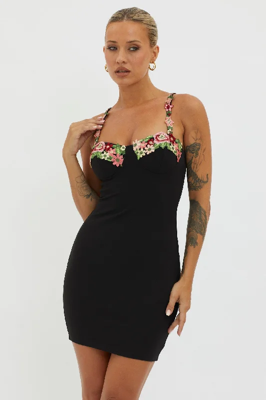 Sustainable Fashion Extravaganza Rose Garden Floral Applique Bodycon Mini Dress Black