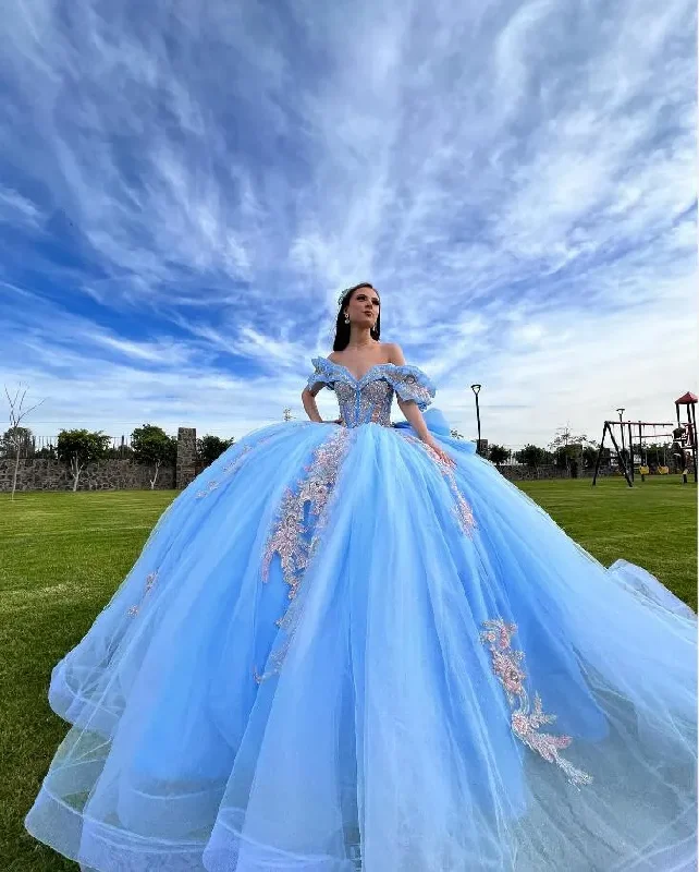 Cool Prices Sky Blue Princess Quinceanera Dresses Ruffles Peplum Off Shoulder Floral Applique Corset