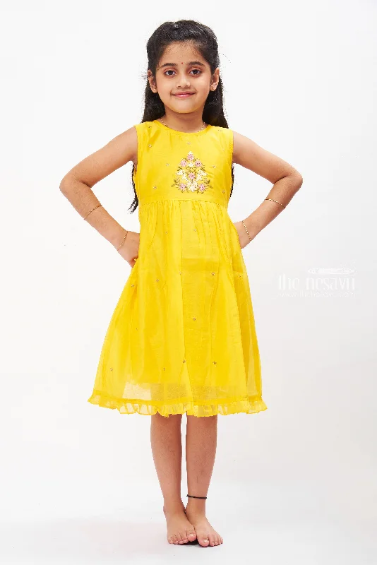 Casual Chic Sunshine Embroidered Cotton Frock with Ruffle Hem for Girls