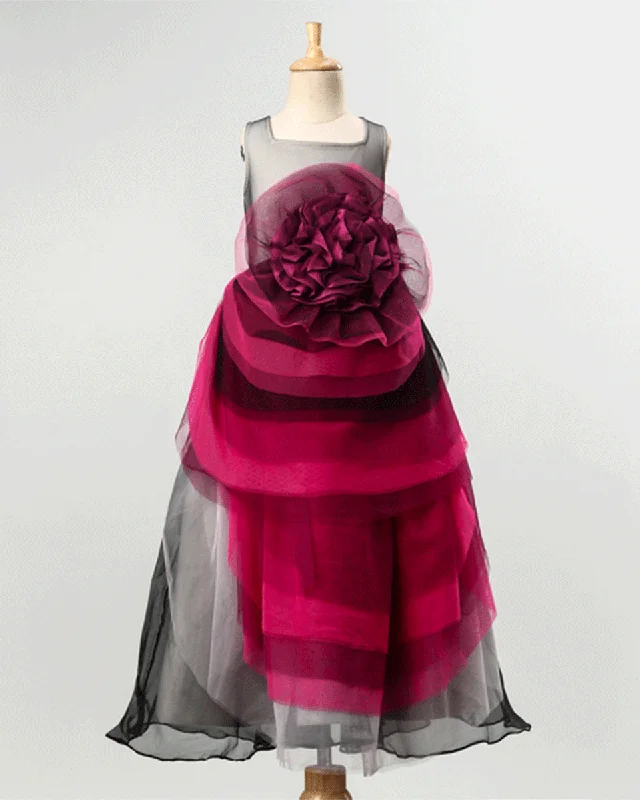 Fashion Forward Femininity Pre-Order: Girls Sleeveless and Layered Party gown in Shaded Net with a Flower -Purple Fashion Forward Femininity Pre-Order: Girls Sleeveless and Layered Party gown in Shaded Net with a Flower -Purple