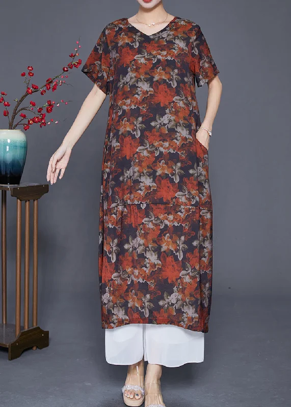Online Boutique Clothing French Red Floral Patchwork Linen Straight Dress Summer