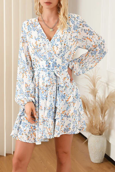Business Casual Outfits Printed Surplice Balloon Sleeve Mini Dress