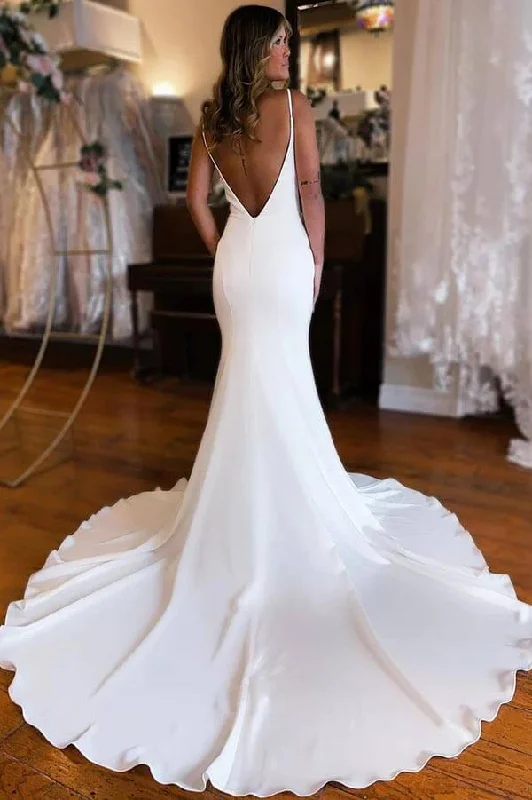 Women Fashion Roycebridal Modest Satin Mermaid Deep V-neck Wedding Dresses With Court Train, MW877 Women Fashion Roycebridal Modest Satin Mermaid Deep V-neck Wedding Dresses With Court Train, MW877