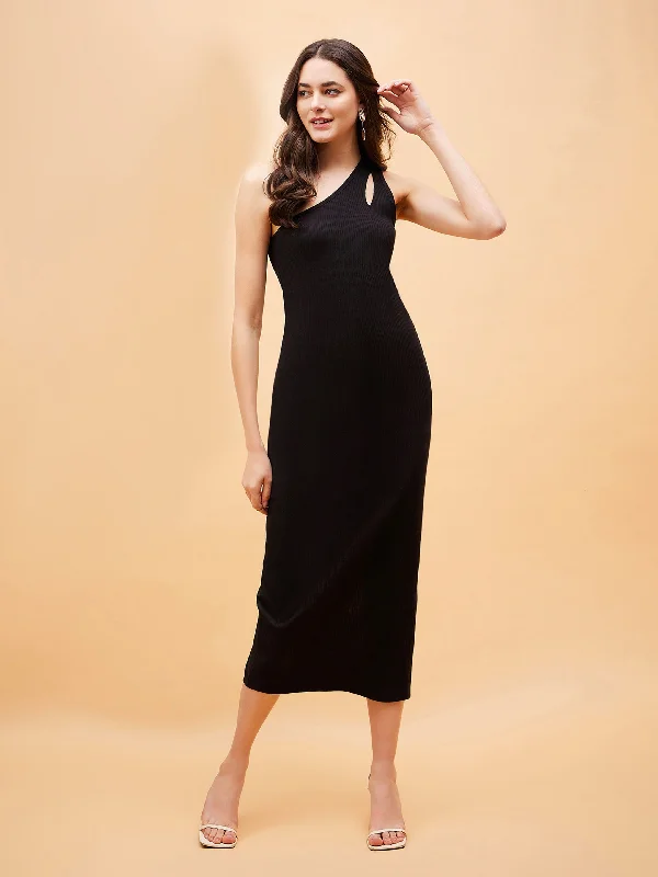 Wardrobe Upgrade Women Black Rib One Shoulder Midi Dress