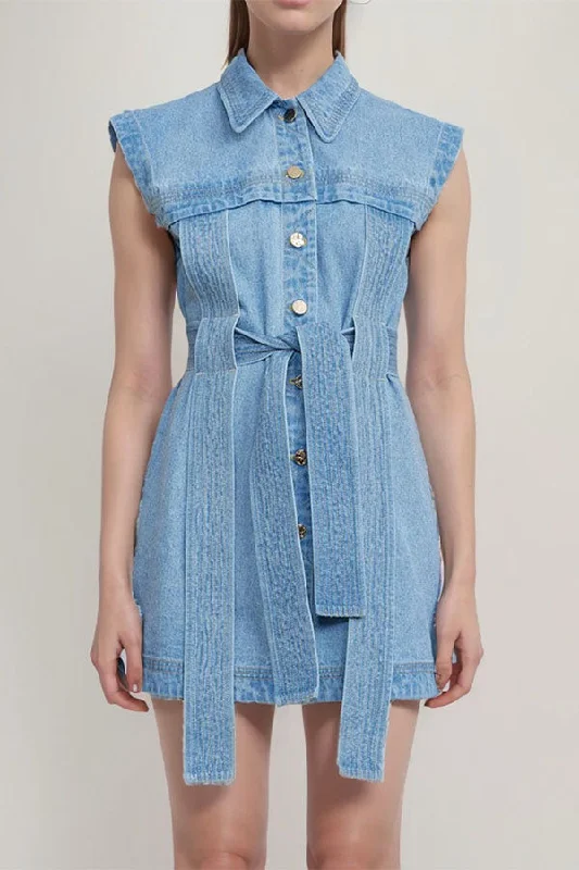 Affordable Fashion for Women Washed Denim Stylish Ribbons Belted Mini Dress