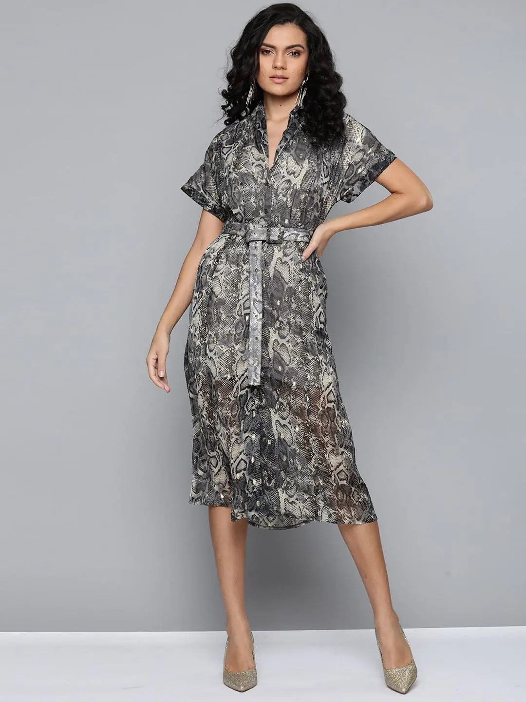 Plus Size Women’s Fashion and Clothing Grey Animal Lurex Print Front Open Midi Dress