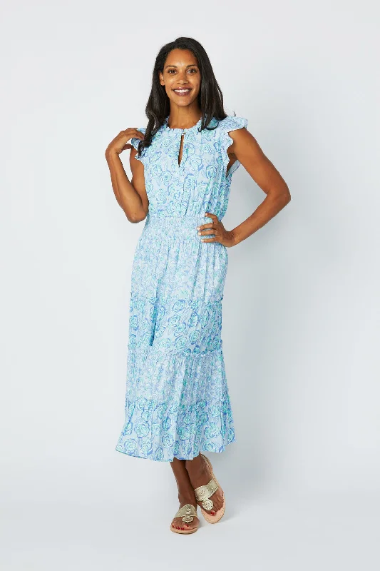 Limited Styles Sail to Sable Flutter Sleeve Midi Dress - Blue Multi