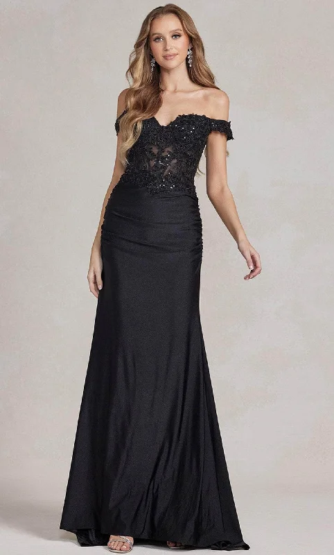 Chic Women’s Clothing for Work and Travel Nox Anabel E1184 - Off Shoulder Lace Corset Prom Gown