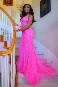 Chic Style black girls hot pink mermaid lace appliques long prom dress formal dress cg10927 Chic Style black girls hot pink mermaid lace appliques long prom dress formal dress cg10927
