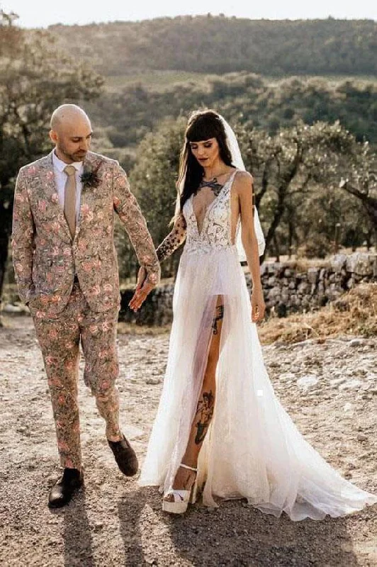 Hot Picks Roycebridal Tulle A-line V-Neck See Through Thigh Slit Beach Wedding Dresses, MW982 Hot Picks Roycebridal Tulle A-line V-Neck See Through Thigh Slit Beach Wedding Dresses, MW982