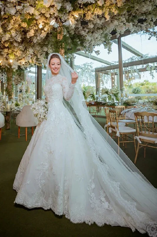 Summer Deals Roycebridal Tulle A-line High Neck Lace Appliques Long Sleeves Boho Wedding Dress, MW1013 Summer Deals Roycebridal Tulle A-line High Neck Lace Appliques Long Sleeves Boho Wedding Dress, MW1013