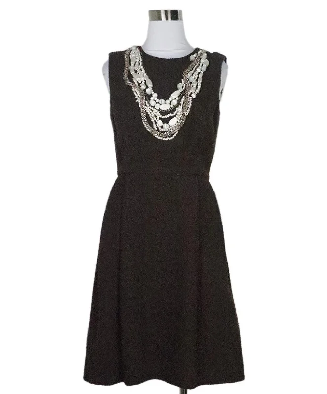 Versatile Wardrobe Essentials Oscar De La Renta Brown Wool Dress w/ Pearl Trim sz 4