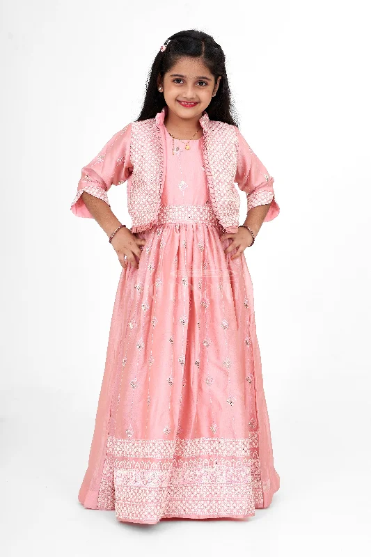VIP Member Discount Western Party Gown for Girls in Elegant Peach Organza with Embroidered Jacket VIP Member Discount Western Party Gown for Girls in Elegant Peach Organza with Embroidered Jacket