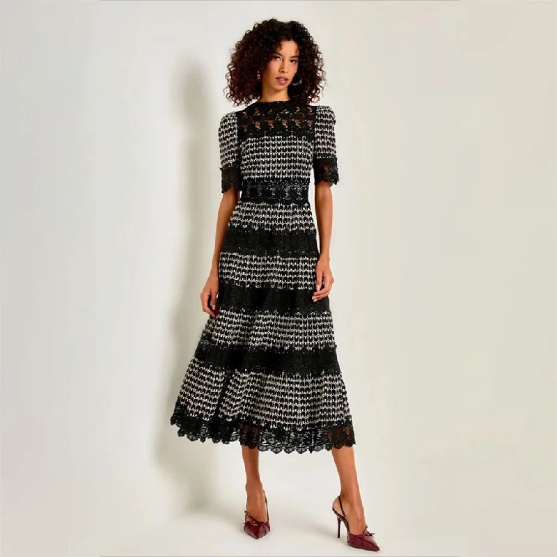 Minimalist Women’s Fashion Clothing Elegant Contrast Lace Embroidery Half Sleeve Fit and Flare Cocktail Midi Dress