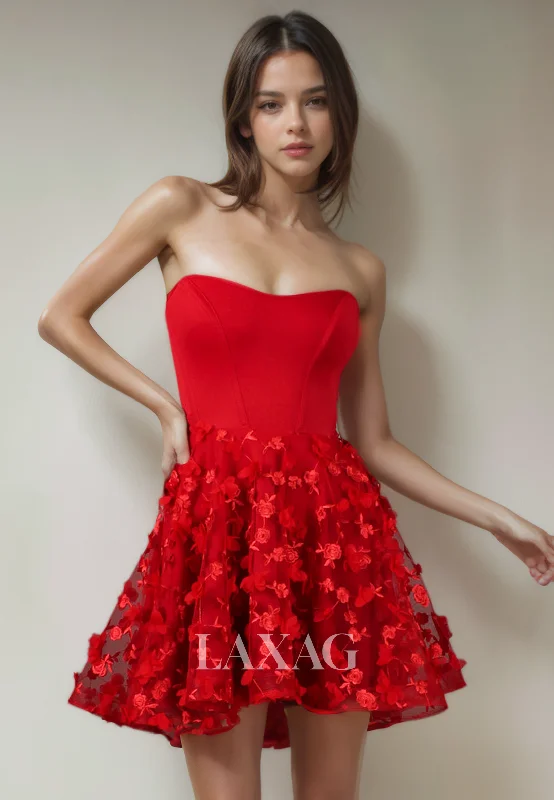 Luxury Women’s Fashion A-Line Strapless Floral Embossed Tulle Elegant Party Homecoming Dress Luxury Women’s Fashion A-Line Strapless Floral Embossed Tulle Elegant Party Homecoming Dress