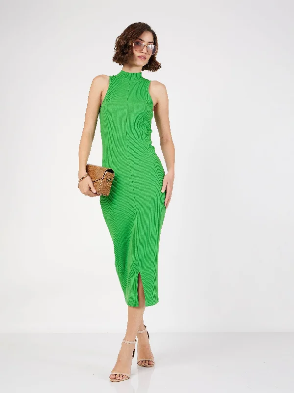 New In This Season Women Green Rib Turtle Neck Sleeveless Midi Dress