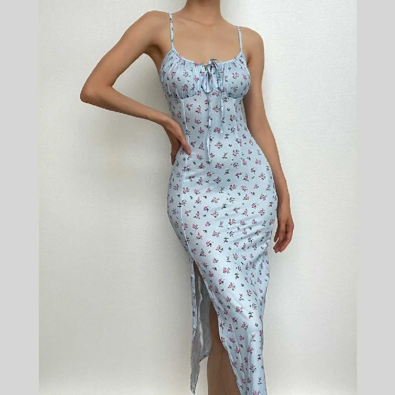 Online Boutique Stores High slit floral heart neck ruched dress