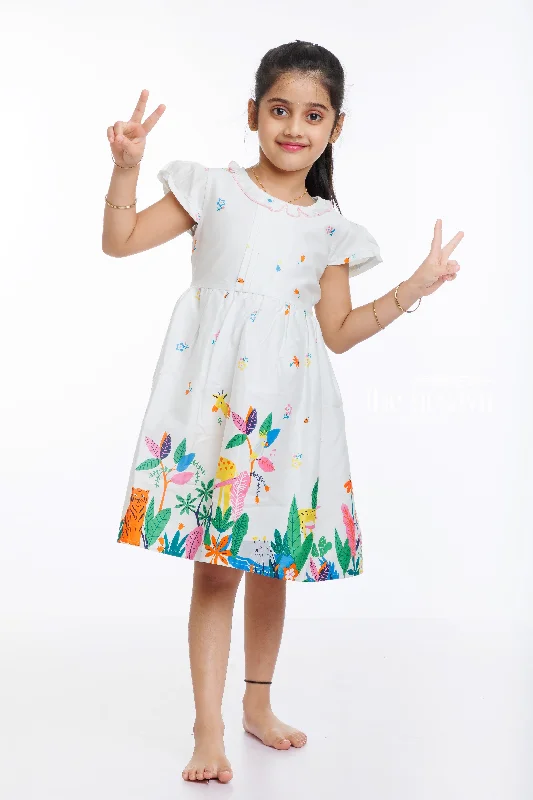 Stylish Looks Enchanted Jungle Print Cotton Frock for Girls