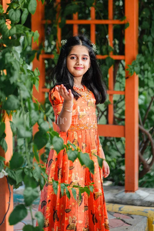 Relaxed Style Girls Burnt Orange Kalamkari Anarkali Dress with Gilded Accents