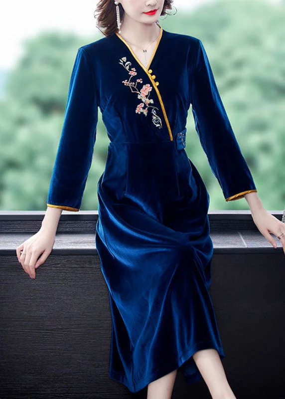 Preppy Style Vintage Dark Blue V Neck Embroidered Floral Silk Velour Holiday Dress Long Sleeve Preppy Style Vintage Dark Blue V Neck Embroidered Floral Silk Velour Holiday Dress Long Sleeve