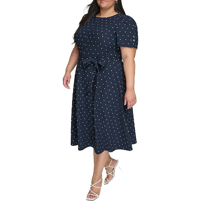 Fashionable Casual Tops DKNY Womens Plus Knit Polka Dot Midi Dress