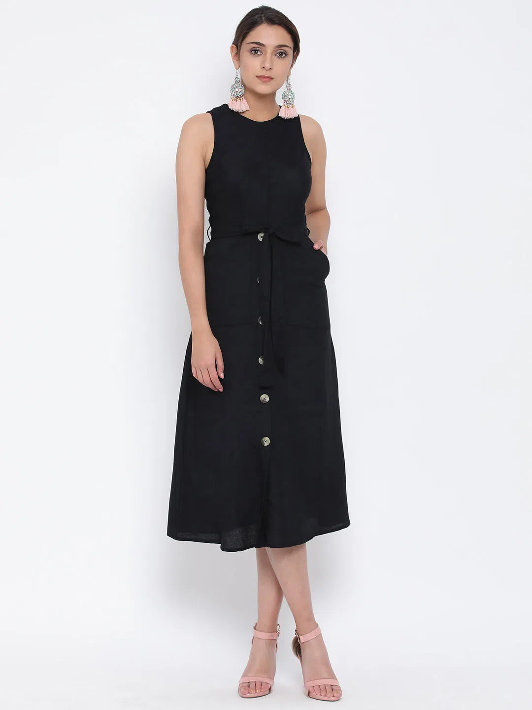 Earthy Tones Black Storied Women Midi Dress