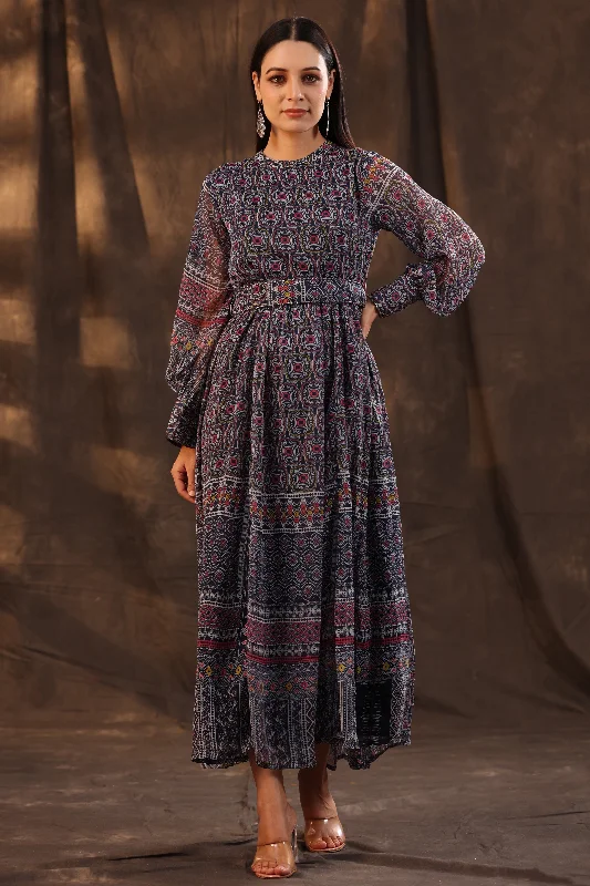 Outfits For Women Juniper Navy Blue Geometric Printed Chiffon Flared Maxi Dress With Buttons.