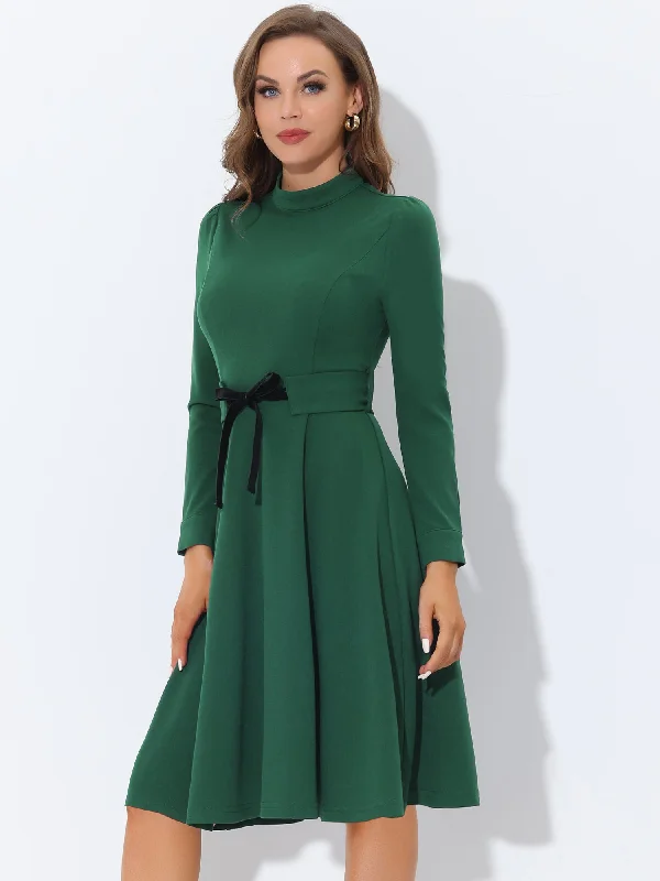 Huge Markdowns Elegant Sheath Mock Neck Flare Long Sleeve Knit Midi Dress