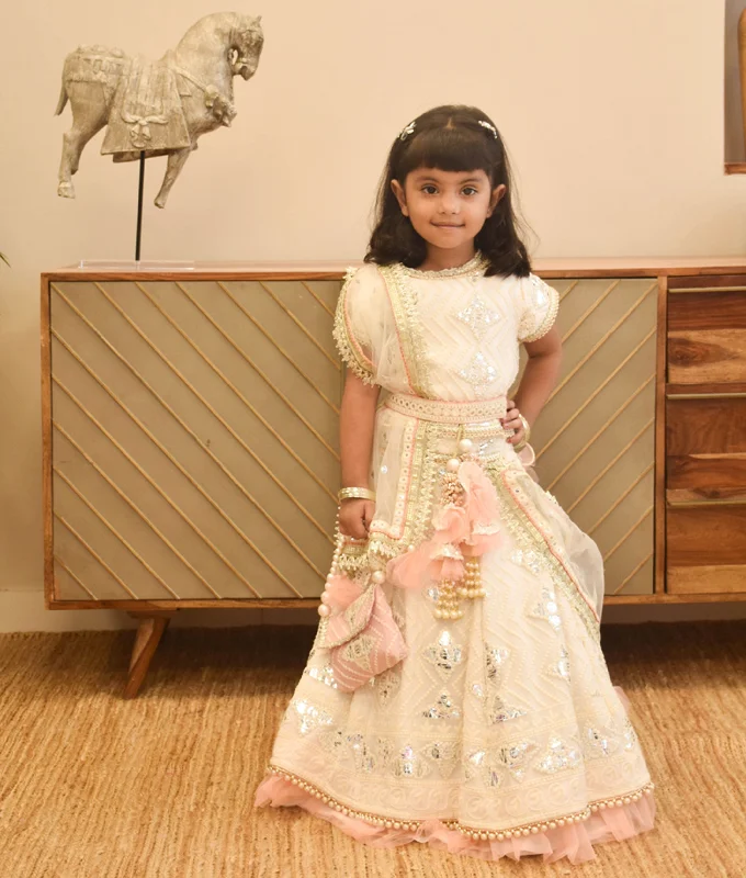 Comfort Meets Fashion Pre-Order - Off White Thread and Gota Embroidery Lehenga Choli with Peach Fall for Girls Comfort Meets Fashion Pre-Order - Off White Thread and Gota Embroidery Lehenga Choli with Peach Fall for Girls
