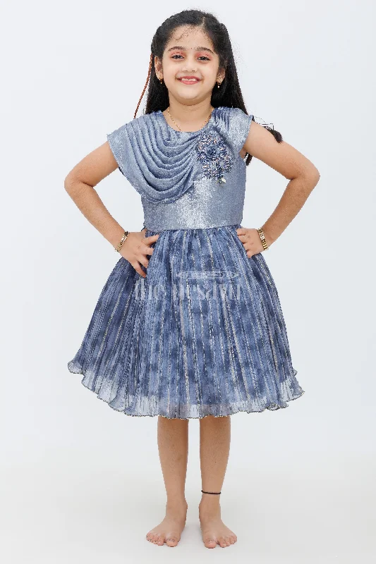 Chic Casual Style Gray Glazed Organza Short Party Frock with Scallop Pleats and Designer Applique for Girls Chic Casual Style Gray Glazed Organza Short Party Frock with Scallop Pleats and Designer Applique for Girls