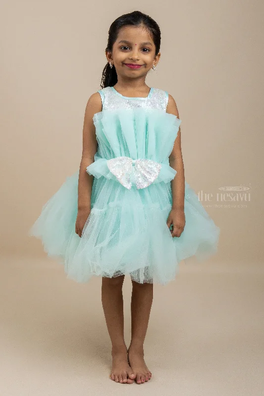 Clothing Online Teal Blue Soft Net Sequenced Yoke Party Gown For Baby Girls