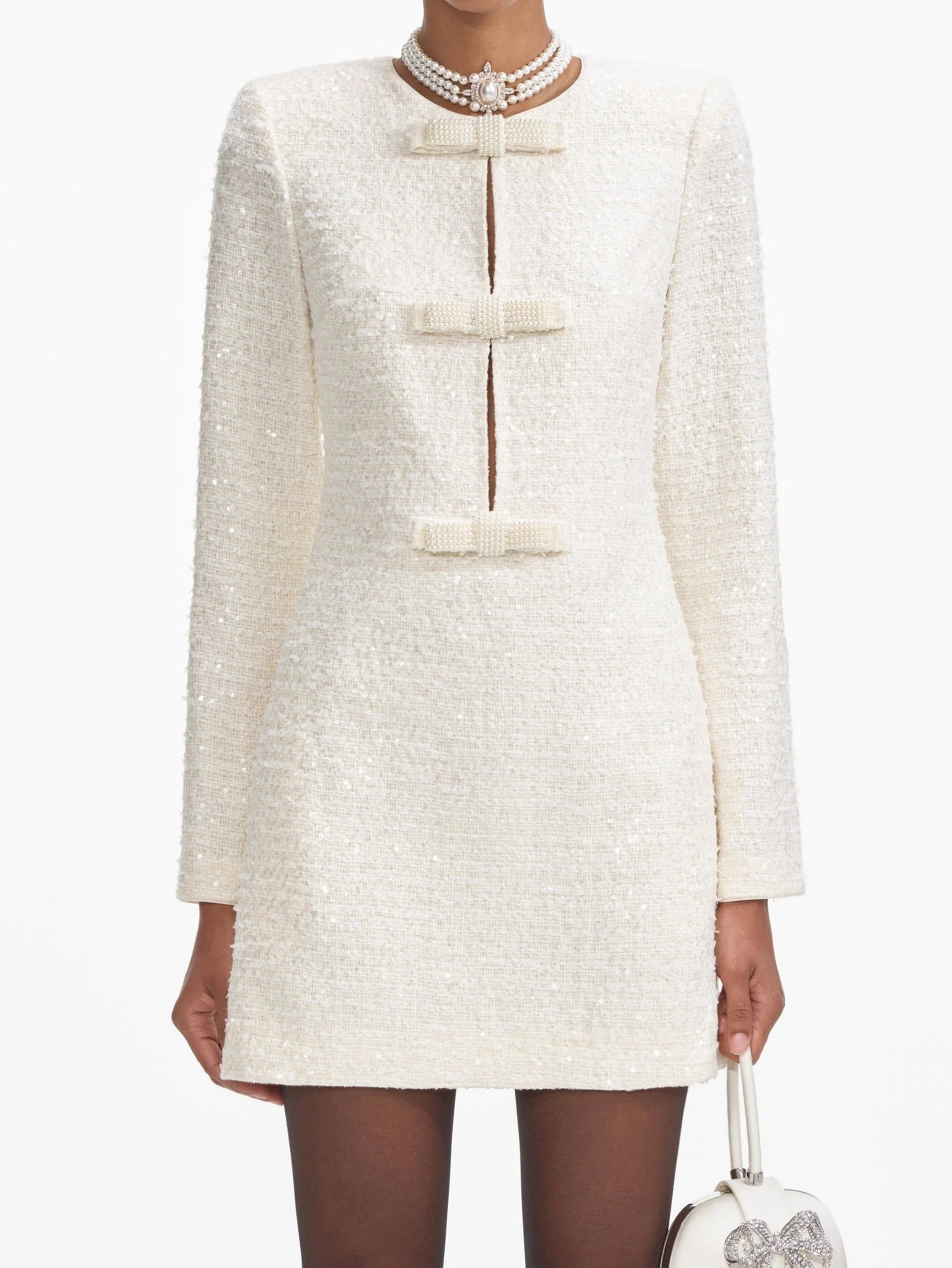Vibrant Styles Boucle Bow-Embellished Tweed Mini Dress
