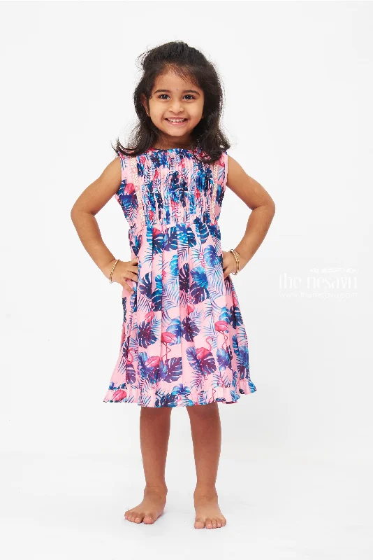 Big Savings Tropical Flamingo Fiesta Dress: Playful Pink Frock with Lush Leaf Print for Girls Big Savings Tropical Flamingo Fiesta Dress: Playful Pink Frock with Lush Leaf Print for Girls