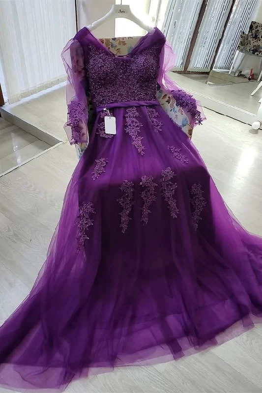 Online Boutiques Clothing purple tulle long evening dress with long sleeves and lace appliques prom gowns for girls cg10041 Online Boutiques Clothing purple tulle long evening dress with long sleeves and lace appliques prom gowns for girls cg10041