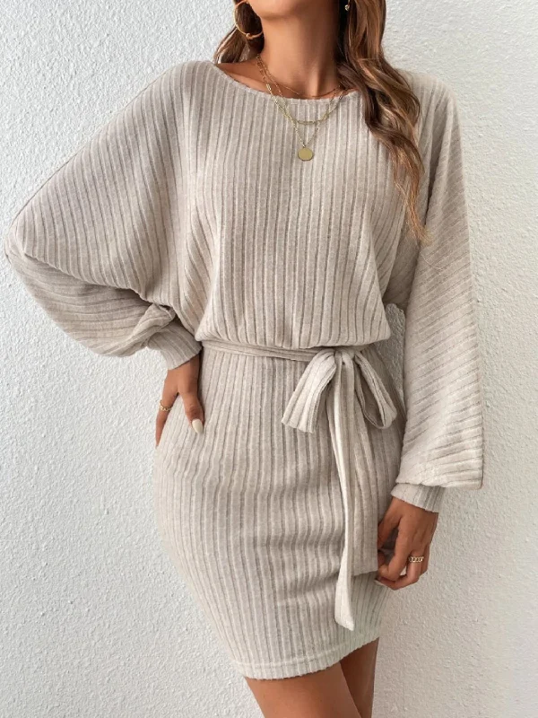 Sale On Sale Round Neck Tie Waist Long Sleeve Mini Dress